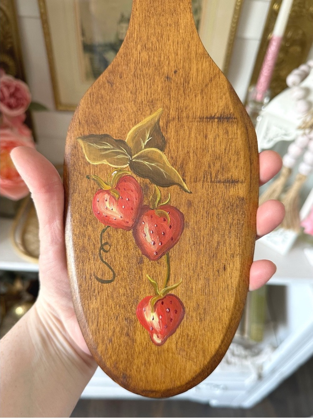 Vintage Wooden Butter Paddle With Hand Painted Strawberry Floral Design 15.25” - Picture 2 of 3